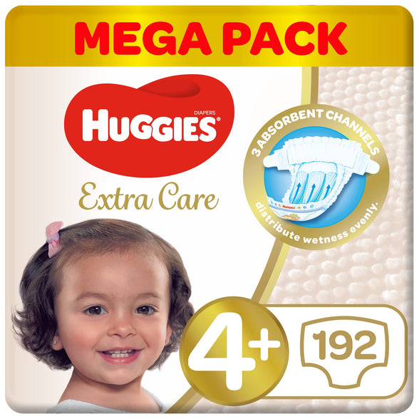 Huggies,Extra Care Baby Diapers,Diapers Size 4+(10-16kg),Super Mega Pack of 192 Diapers,Absorbent Channels and Strechy Waistband,12h Day & Night Protection,Free from Nasties