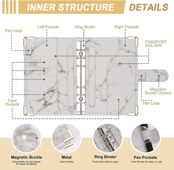 Sawanork A6 PU Leather Marbling Notebook Binder Set, 6 Ring Loose Leaf Cash Budget Planner Organizer With Cash Envelopes Letter Sticker Label And Blank Label, Grey