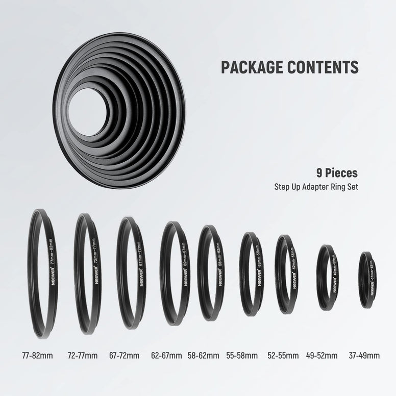 Neewer 9 Pieces Lens Filter Rings Set, Made of Anodized Aluminum, Includes: 37-49 mm, 49-52 mm, 52-55 mm, 55-58 mm, 58 mm. -2.44 1 inch, 62-67 mm, 67-72 mm, 72-77 mm, 77-82 mm