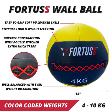 FORTUSS Wall Ball 6 KG – Durable & Well Balanced Soft Medicine Ball – Full Body Dynamic Workout, Core Strength, Stretching, Partner Toss – Color Coded Weights 4, 6, 8, 10 KG