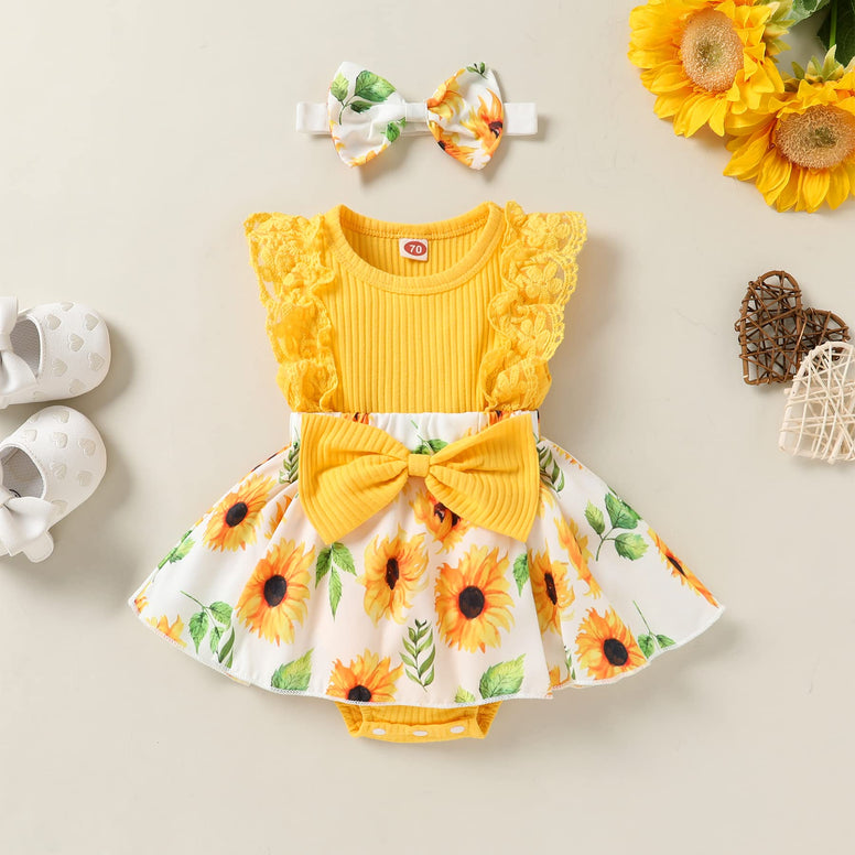 YOUNGER TREE Baby Girl Dresses Newborn Girls Dress Floral Baby Girl Summer Clothes Infant Headband Romper Outfits