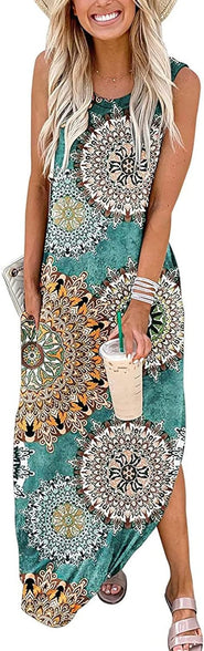 Women's Casual Printed Long Dress Sleeveless Tank Dresses Maxi T Shirt Dresses with Pockets