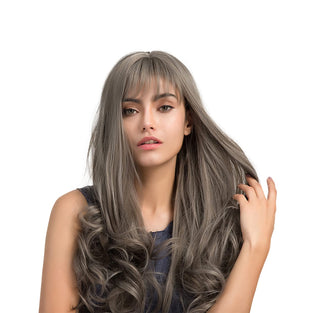 Long Wigs HALAMODO, Long Curly Hair Wig with Bangs, European and American Air Bangs Wig, Natural Looking Curly Wigs for Daily Party Use (Grey)