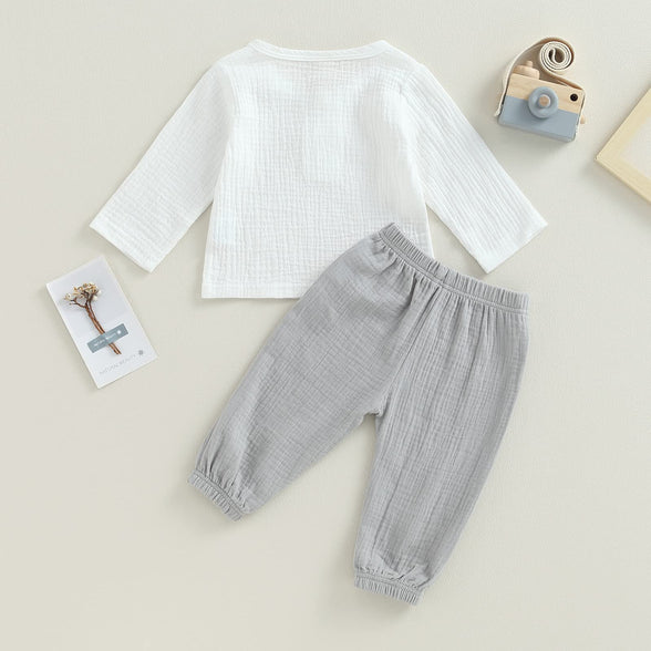 Baby Boy Girl Clothes Toddler Cotton Linen Outfit Muslin Long Sleeve T-Shirt Tops Pants Set 6-12M