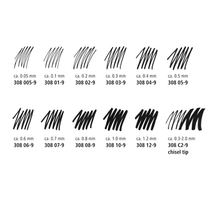 STAEDTLER Pigment Liner Pack, Black, 3 Pens, Assorted Line Widths 0.5mm/1.2mm/Chisel, 308-9S2BK3