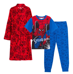Marvel Boys Spiderman Dressing Gown and Pyjamas Set for Kids Matching 3pc Nightwear Bath Robe + Pjs for Boys Pjs 3-4Y