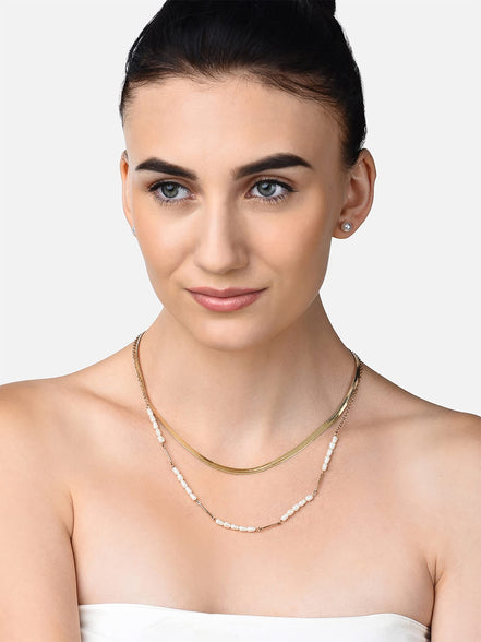 Zaveri Pearls Gold Tone Contemporary 2 Layers Pearl Necklace Chain With Earring-Zpfk10600
