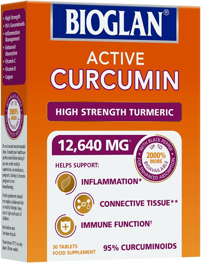 Bioglan Tumeric Curcumin With Bioperine 12640mg - Maximum Absorption, Anti Inflammatory and Joint Health Supplement, Supports Immune System, With Vitamin C, Vitamin D, and Copper, 30 Tablets