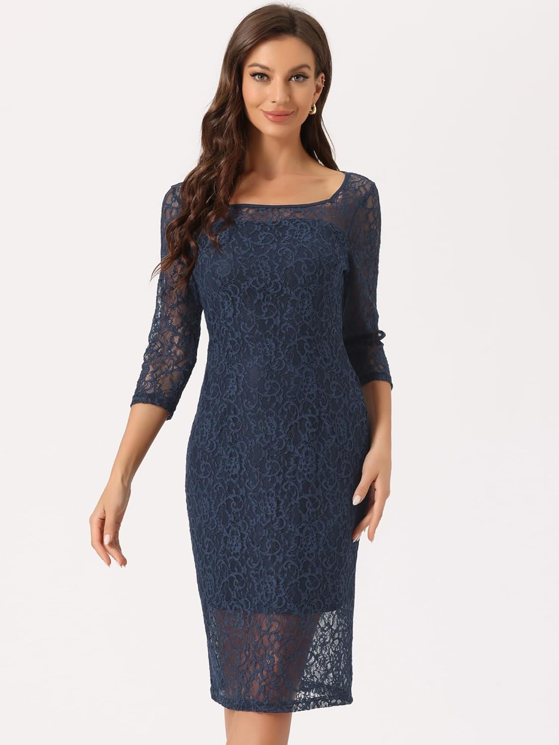 Allegra K Lace Dress for Women's Elegant 3/4 Sleeve Square Neck Bodycon Cocktail Dresses