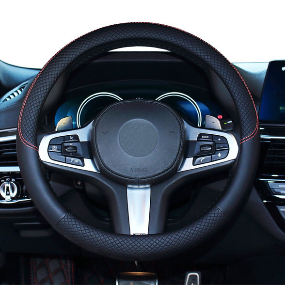 SHIAWASENA Genuine Leather Universal 15in Fit Anti-Slip & Odour-Free Car Steering Wheel Cover (Black)