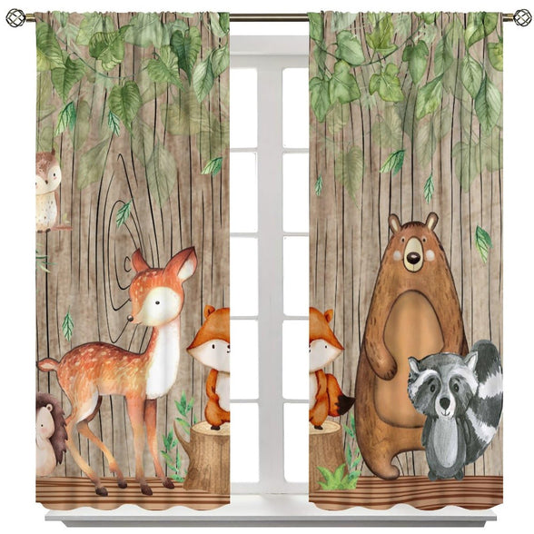 Forest Animal Kids Curtains, Wild Rustic Bear Fox Deer Children Cartoon Window Treatments for Living Room, Watercolor Woodland Animal Blackout Drapes 2 Panel Sets,42x45 Inch