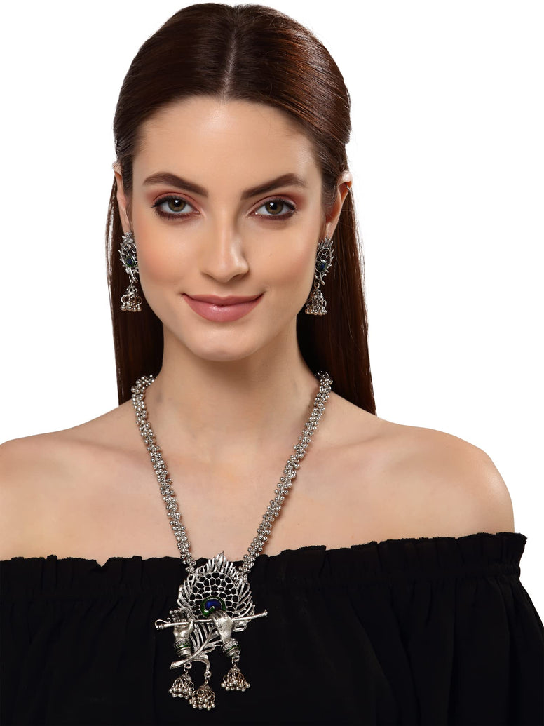 Shining Diva Fashion Latest Stylish Traditional Oxidised Silver Necklace Jewellery Set for Women (13165s)