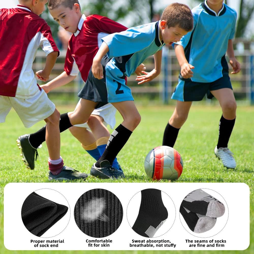 Kids Athletic Soccer Socks, 2 Pairs Knee High Socks for Youth Boys Girls for Shoe Size 3-6.5 / Ages 6-12