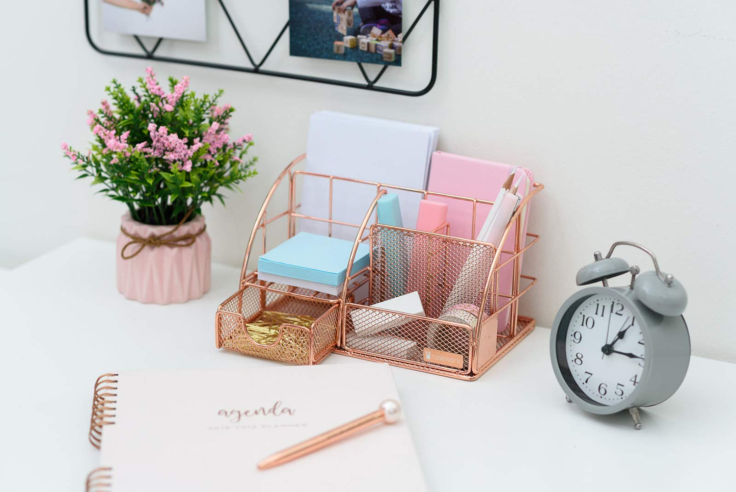 Rosework Rose Gold Desk Organizer | Drawer + Pen & Pencil Holder | 6 Compartments | Exclusive Rose Gold Edition