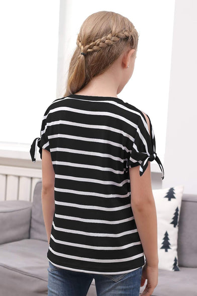 GORLYA Girl's Cut Slit Sleeve Tie knot Cuff Stripe Tunic T-shirt Casual Pullover Top for 4-14T Kids