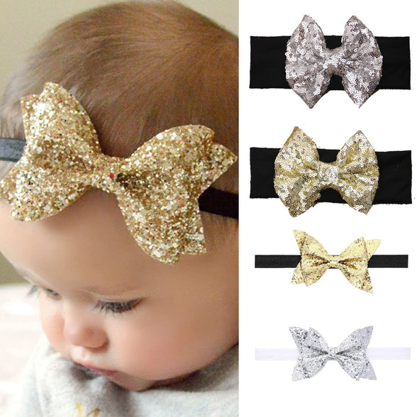 CheeseandU 4Pack Baby Girl Sparkling Hair Accessories Black Gold Sequin Bow Baby Girl Headbands Elastic Gold Silver Infant Baby Headbands Birthday New Year Party Headwear Set