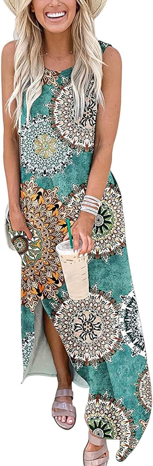 Women's Casual Printed Long Dress Sleeveless Tank Dresses Maxi T Shirt Dresses with Pockets