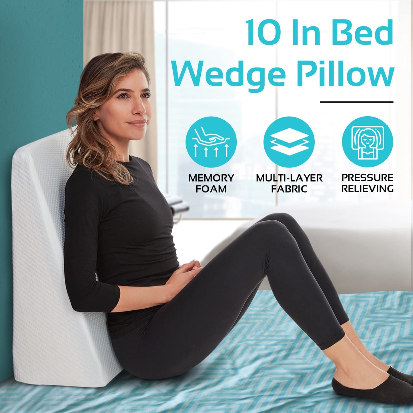 Bed Wedge Pillow - 10 Inch Wedge Pillow For Sleeping with Memory Foam Top, Lower Back Pain Support Cushion, Sleep Apnea Pillow, Pregnancy, Acid Reflux, GERD, Heartburn, Anti Snore, Removable Cover