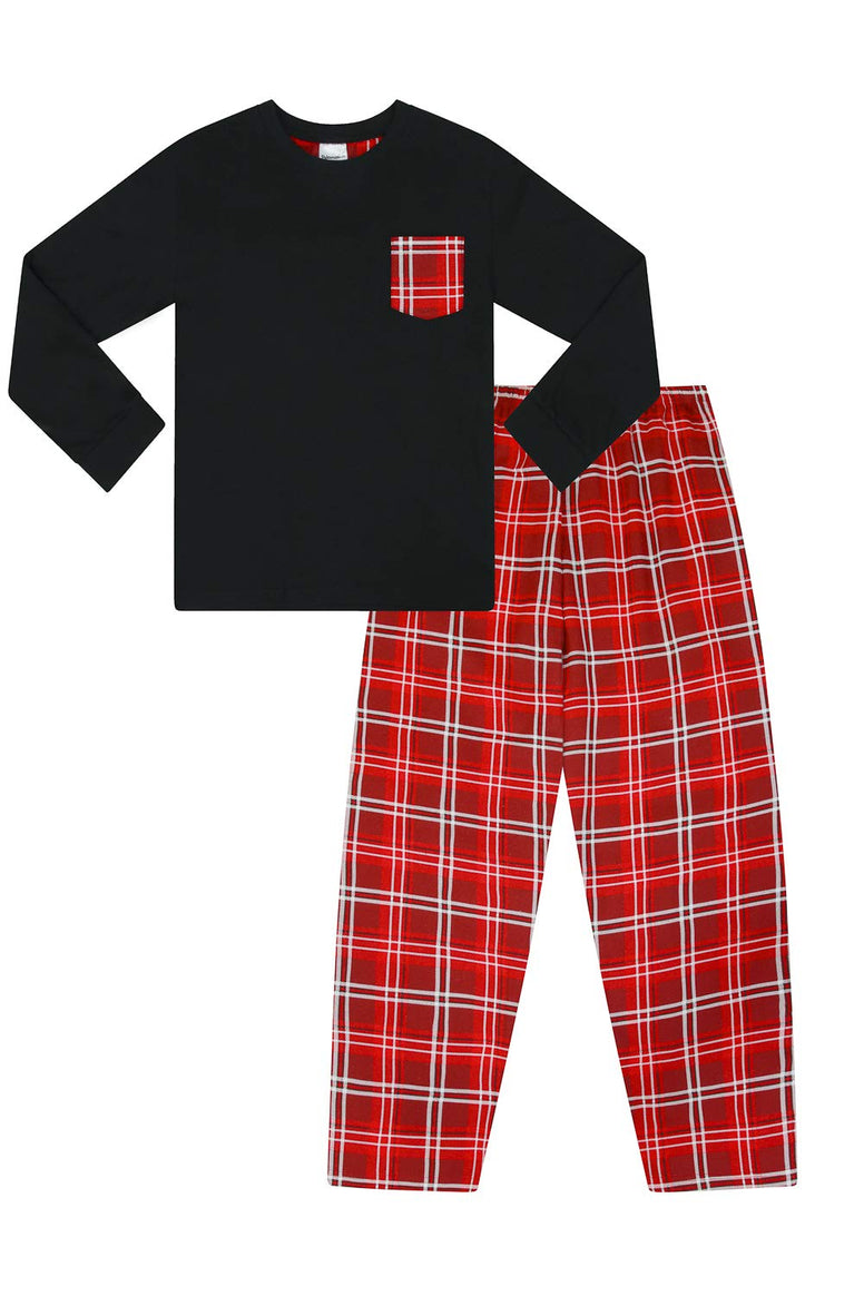 The PyjamaFactory Boys Pyjamas Long Sleeve Top & Woven Red Black Tartan Check Bottoms 9-10 Years