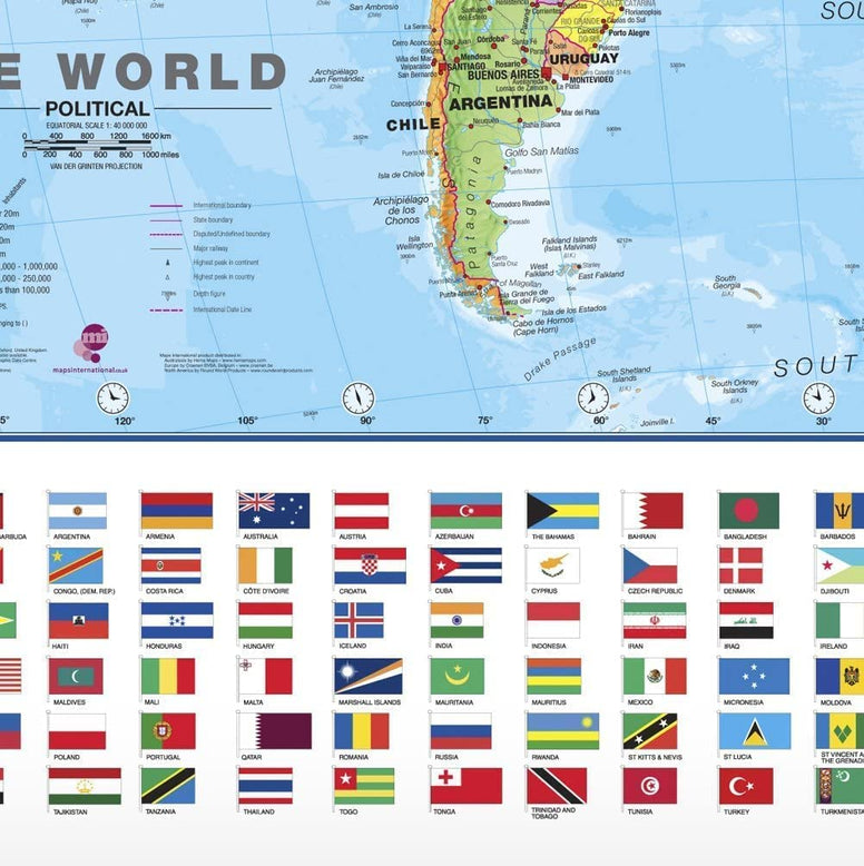 Maps International - Large World Map – Wall Map Poster With Flags – Laminated - 23 x 33