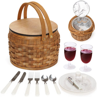 Willow Weave Small Picnic Baskets with Insulated Cooler, Picnic Basket Hamper for 2, Woodchip Wicker Basket, Including 2 Sets of Cutlery, Plates and Wine Glasses, for Christmas