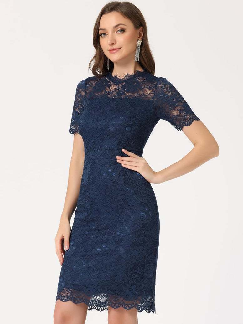 Allegra K Women's Elegant Floral Lace Dress Crew Neck Short Sleeve Cocktail Party Dresses