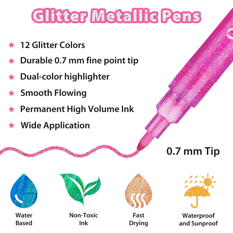 Ohuhu Glitter Markers Pen 12 Glitter Colors Metallic Marker Fine Point Tip Water-based Ink for Kids Adults DIY Crafts Greeting Birthday Cards Making Poster Album Scrapbooking Mugs Wood