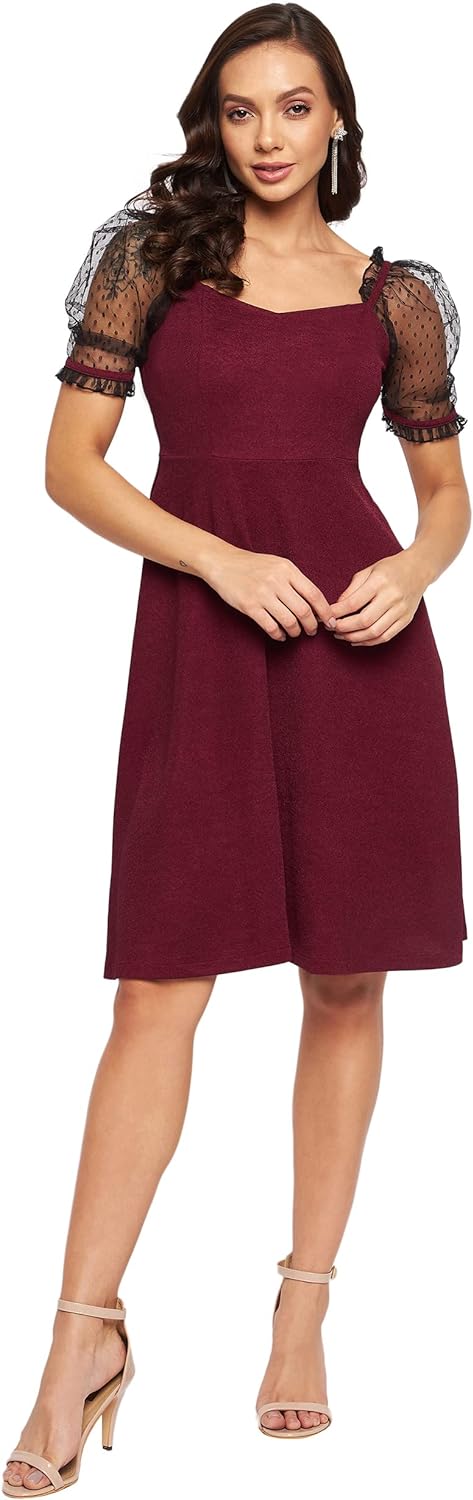 Miss Olive Women's Solid V-Neck Half Sleeve Relaxed Fit Knee-Long Dress (MOSS22D14-97-62-05)