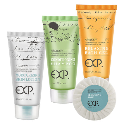 OPPEAL EXP Series| 200 PK 1 oz Hotel Size Amenities Bulk | 50 Sets Each Contains Shampoo & Conditioner 2 in 1, Body Wash, Body Lotion and Soap Bar | Ideal Size for Hotel/AirBnB/VRBO/Vacation Rental