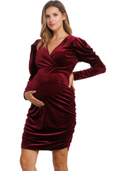 LaClef Womens V Neck Puff Sleeve Velvet Maternity Dress