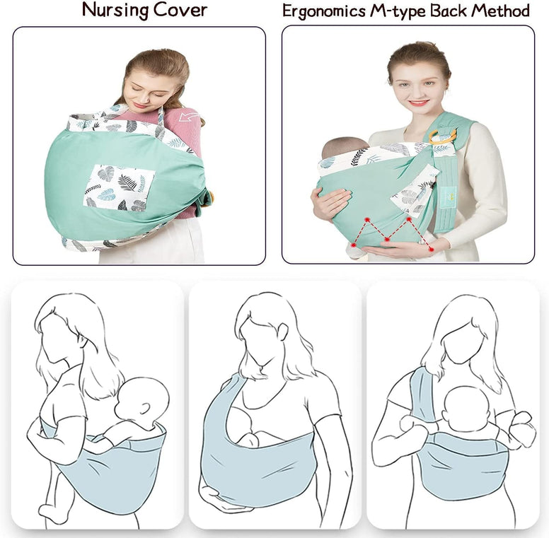 Baby Carrier All In 1, Newborn Sling, Adjustable Nursing Pouch, Safe Skin Friendly, Soft and Breathable, with Sturdy Loop, Easy To Use, Won't Fall Off, Suitable for Newborns and Babies, Green