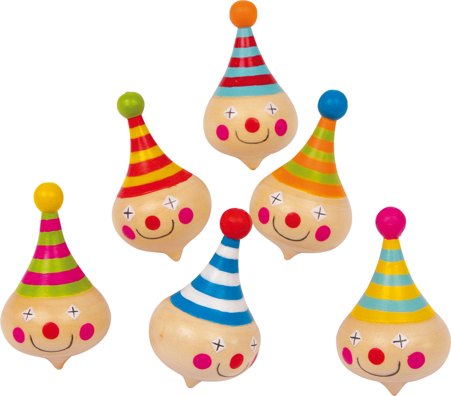 small foot Set of 6 Clown Spinning Tops, Solid Wood with Colourful Clown Face, Motor Skills Toy, 6138 Toys, 5 x 3.5 x 3.5 cm