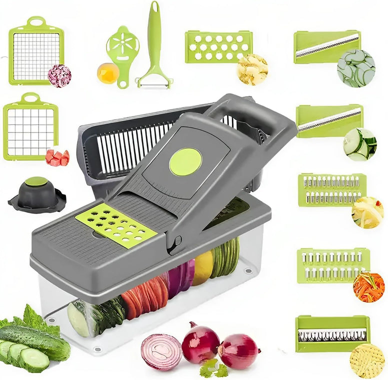 15 in 1 Multifunctional Vegetable Chopper-Mandoline Veggie Dicer-Onion Fruit Salad Cheese Food Slicer-Lemon Egg Squeezer-Perfect Blades Stainless Steel Cutters with Transparent Container Box (Grey)
