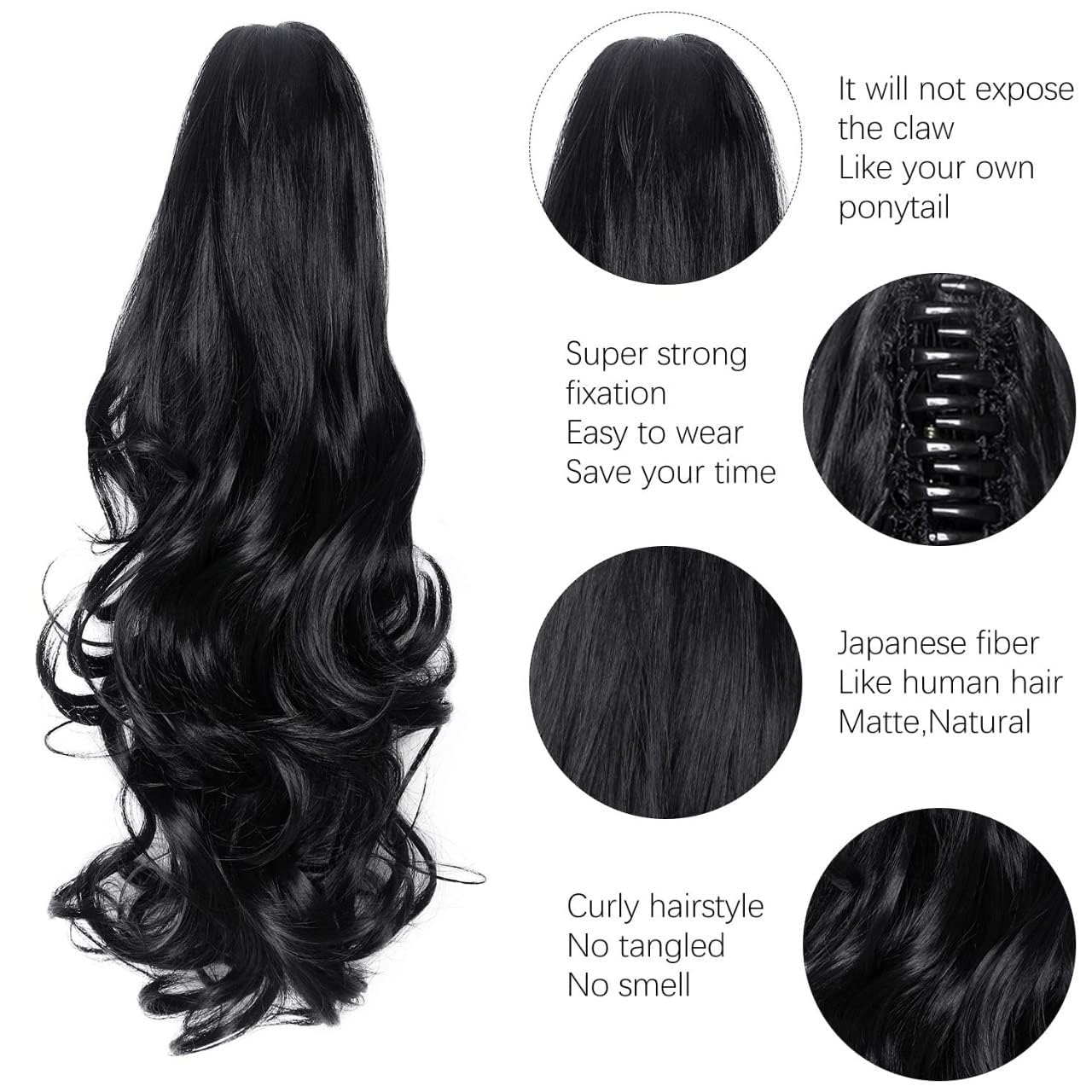 Synthetic Long Straight Claw Ponytail Wigs Clip In AH Tail Hair Ponytail (CURLY, 1B)