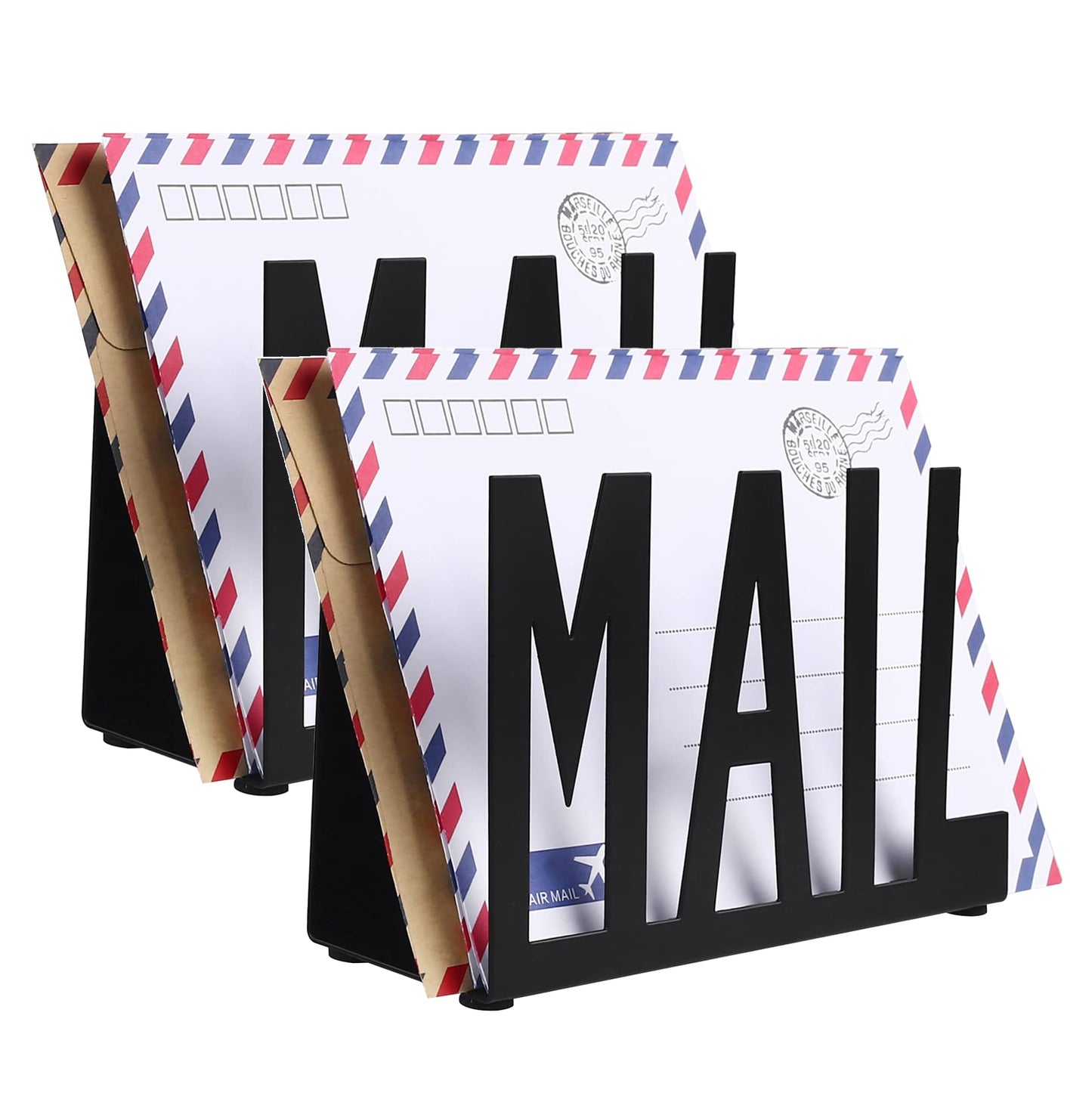 Aveccce Mail Holder,Mail Organizer Black Metal Letter Sorter Tabletop Mail Cutout Organizer Mail Letter Document Stand with Letter Opener for Desktop Home Office School（2Pcs)