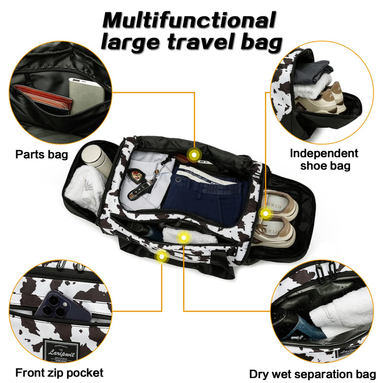 Laripwit Travel Duffle Bag for Women 40L Medium Sports Gym Bag for Men with Wet Pocket & Shoes Compartment Weekender Overnight Backpack for Traveling Duffel Bag Backpack, Cow, Cow Print, 40L, Can Be