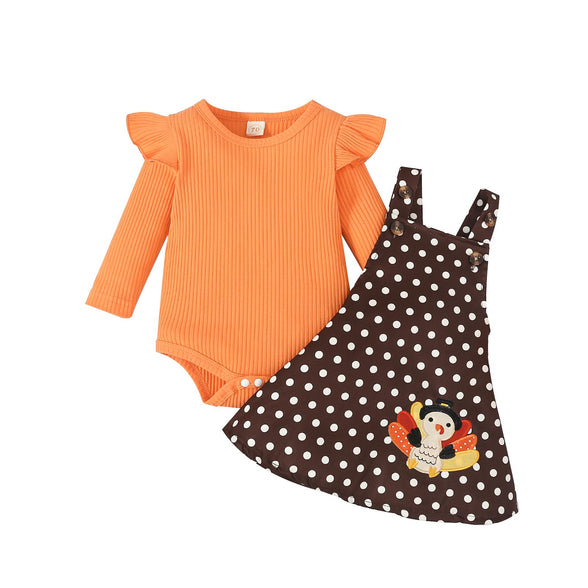 Toddler Baby Girl Thanksgiving Outfits Long Sleeve Ruffle Ribbed Top+Turkey Dot Suspender Dress Fall Winter Clothes, for 0-3 Months