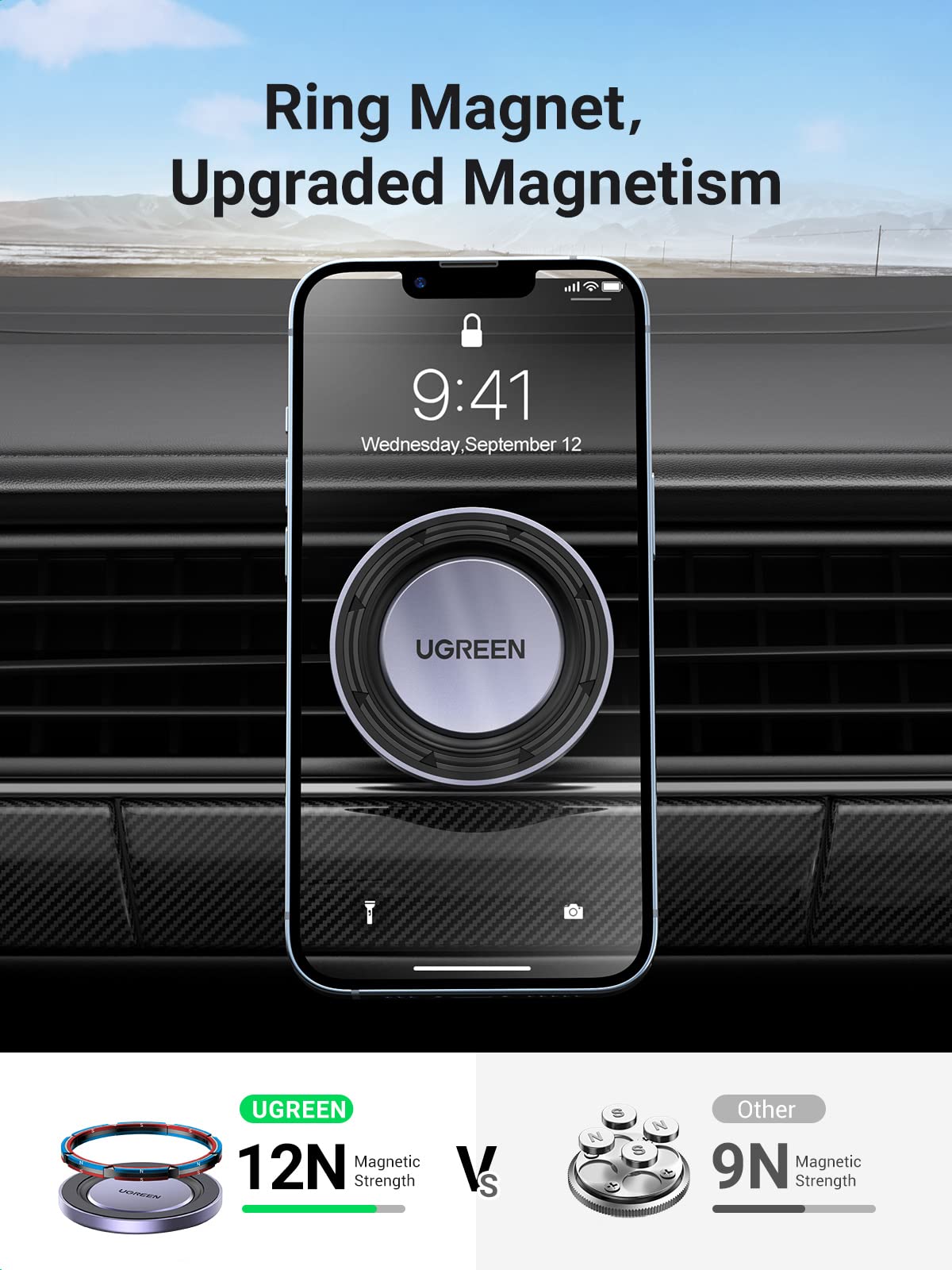 UGREEN Magnetic Car Phone Holder, Compatible with Magsafe Car Mount Mobile Holder for Car Air Vent Car Phone Mount Directly Use with iPhone 15/14/13/12 Series Compatible with Galaxy S23 S22 Z Flip 5 4