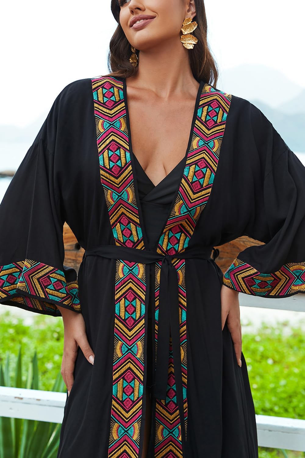 YouKD Embroidered Kaftan Dress Boho Beach Bikini Cover Up Robe Plus Size Loungewear for Women