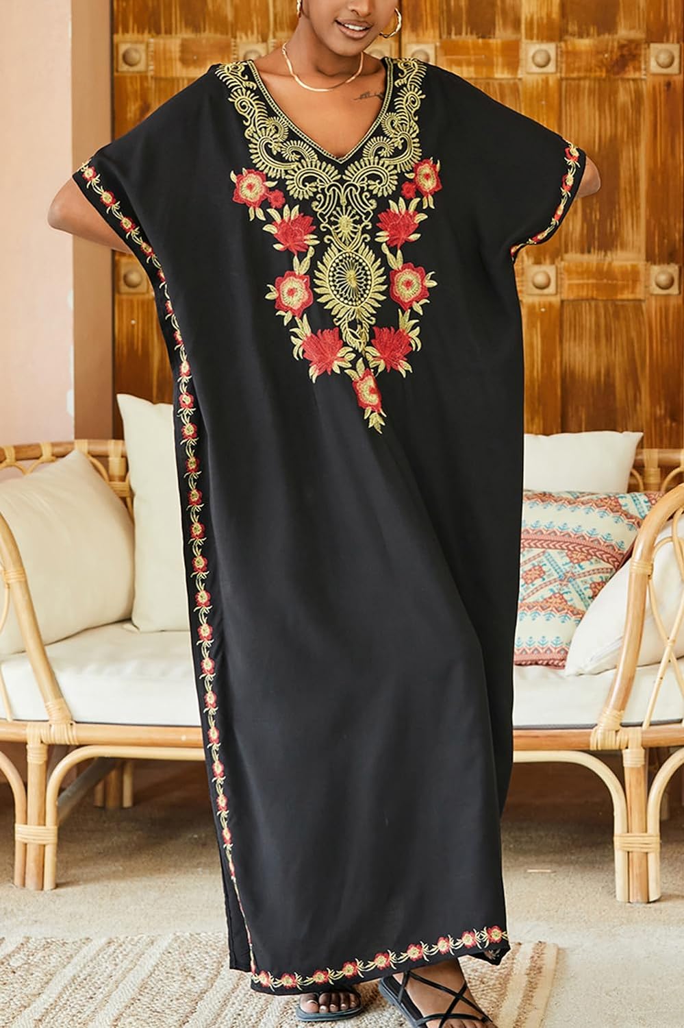 YouKD Embroidered Kaftan Dress Boho Beach Bikini Cover Up Robe Plus Size Loungewear for Women