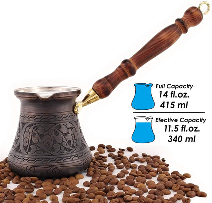 The Silk Road Trade - PCA Series (Large) - Thickest Solid Engraved Antique Copper Turkish Greek Arabic Coffee Pot Heavy Duty with Wooden Handle Stovetop Coffee Maker Jazzve Cezve Ibrik Briki (14fl.oz)