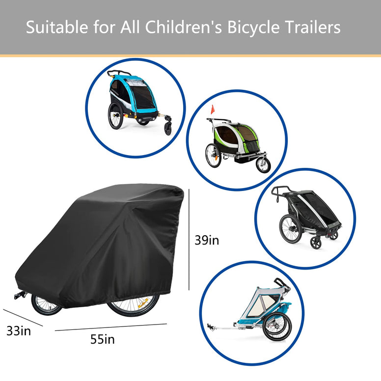 Sqodok Bicycle Trailer Cover, Waterproof Bike Trailer Storage Cover 420D Oxford Material with PU Coating, Kid's/Pet Bike Trailer Cover Anti-UV/Windproof/Dustproof, 55x 33x 39 inch