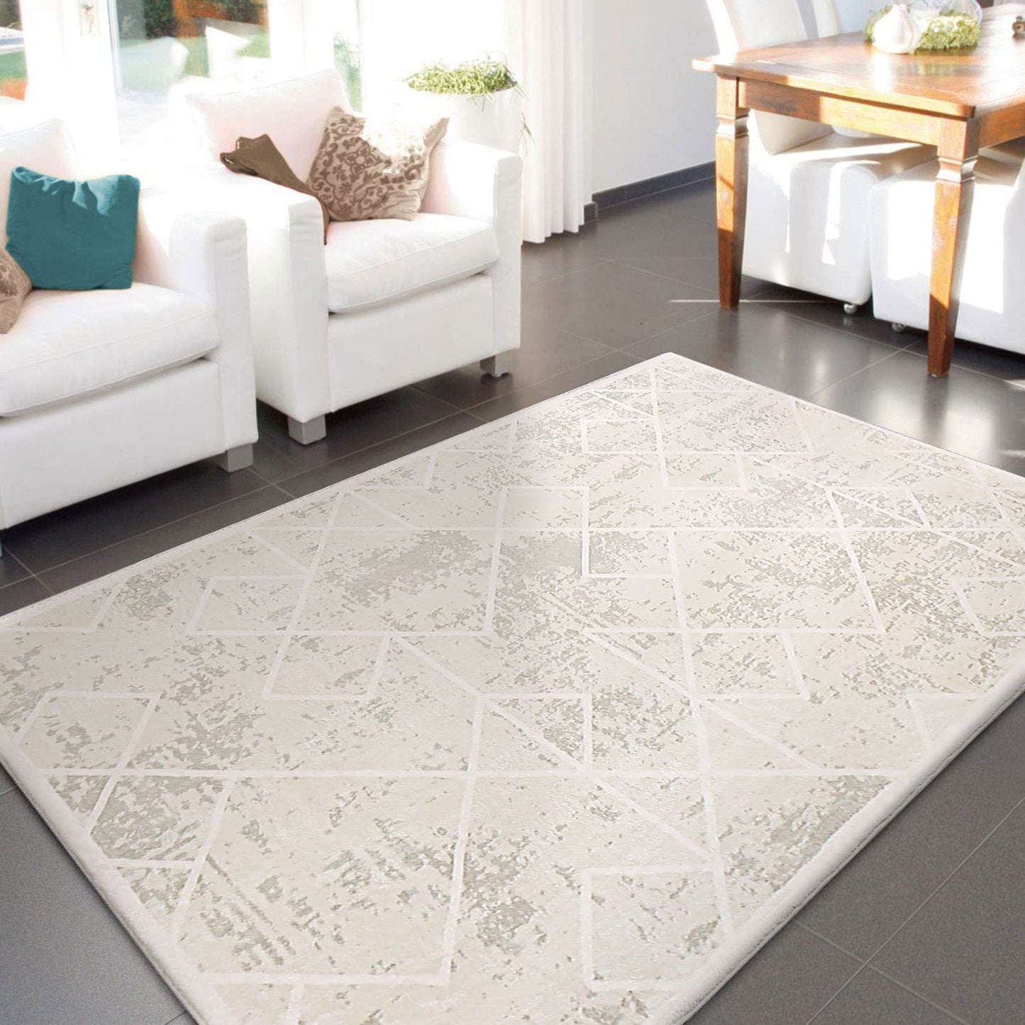 Leesentec Area Rugs Abstract Rug for Large Living Room Home Decor Modern Geometrical Rug Cream Rugs Short Pile for Easy Care -Soft Bedroom Rugs Non-slip Rugs Cream / White (Ivory White, 80*120cm)