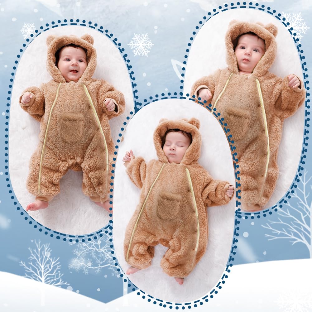 AiWMGL Baby Girls Boys Newborn Teddy Bear Onesie Fleece Outfit Winter Clothes Jumpsuit Romper Hooded Warm (0-3 Months)