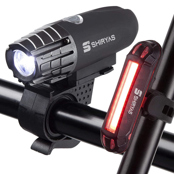 Shiryas Super Bright Bike Light Set USB Rechargeable Front Headlight & Back LED Rear Bicycle Light for Cycle Safety Flashlight (USBs Included)