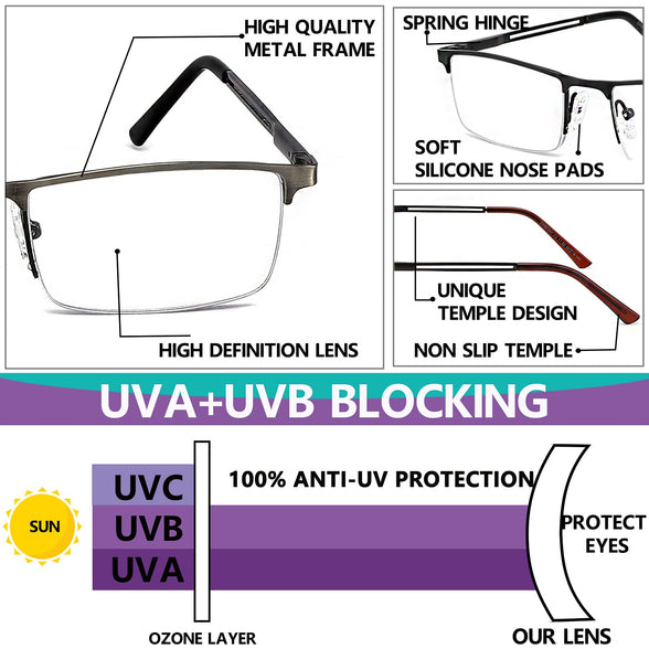 JJWELL 3 Pack Blue Light Blocking Reading Glasses for Men Anti Computer Glare Eyestrain Spring Hinge Readers with Pouches