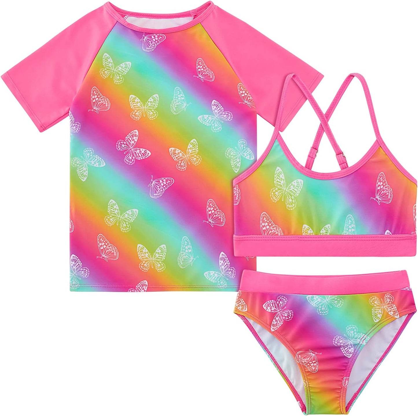 Vogseek Rash Guard Swimwear Girls 3-Piece Short Sleeve Swimsuit Kids Bathing Suit UPF 50+ Quick Dry Bikini Girls 7T-13T