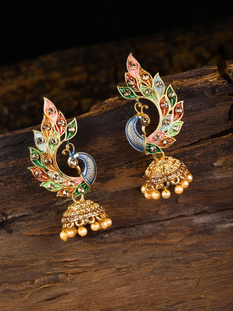 ZAVERI PEARLS Women'S 22K Gold Plated Metal Peacock Design Jhumki Earring (Multicolour, Zpfk8775)