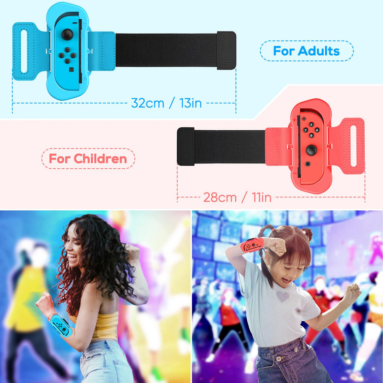 Wrist Bands for Just Dance 2024 2023 2022 and for Zumba Burn It Up - Upgraded Adjustable Elastic Straps for Nintendo Switch & Switch OLED Dance Games, 2 Pack Armbands for Adults and Kids (Red & Blue)