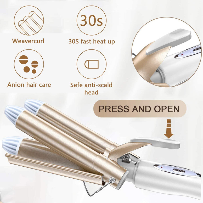 Hair Curler, 3 Barrel 22mm Hair Waver Curling Iron, Tourmaline Ceramic Fast Heating Hair Curler with 1 Heat Resistant Glove, 30s Quick Heating for Long or Short Hair Styling (Glod)